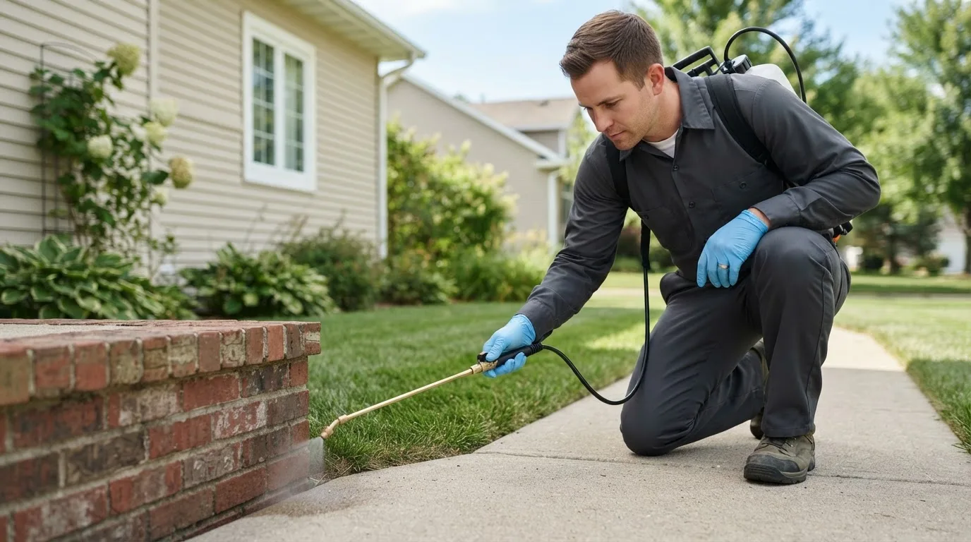 Pest control technician treating a home near Avilla, MO
